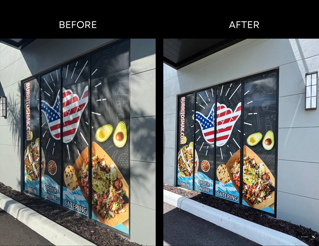 Post-construction cleaning of printed vinyl window graphics on a new restaurant storefront in Cape Coral