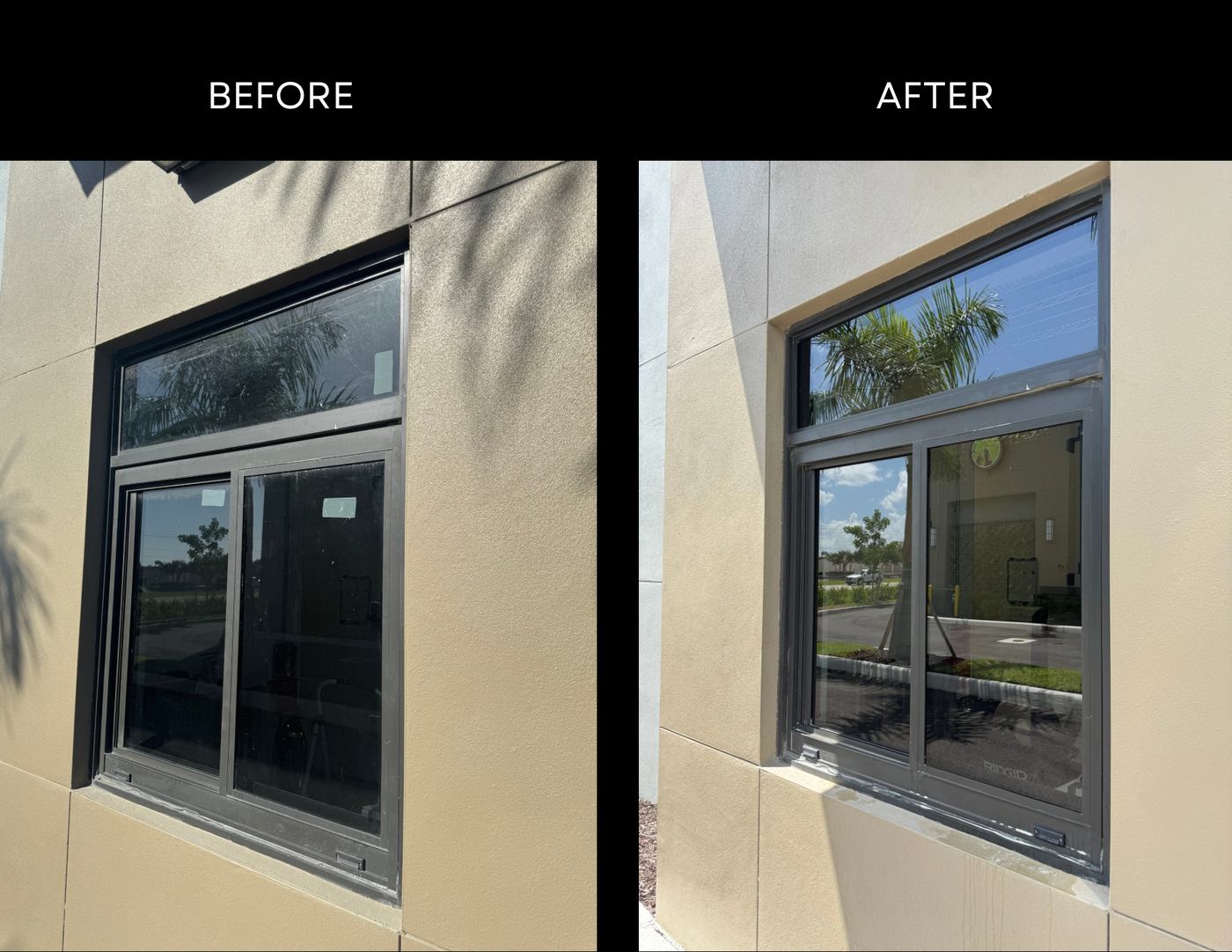 Before and after post-construction window cleaning in Cape Coral — construction film, stickers and adhesive removed from new commercial windows
